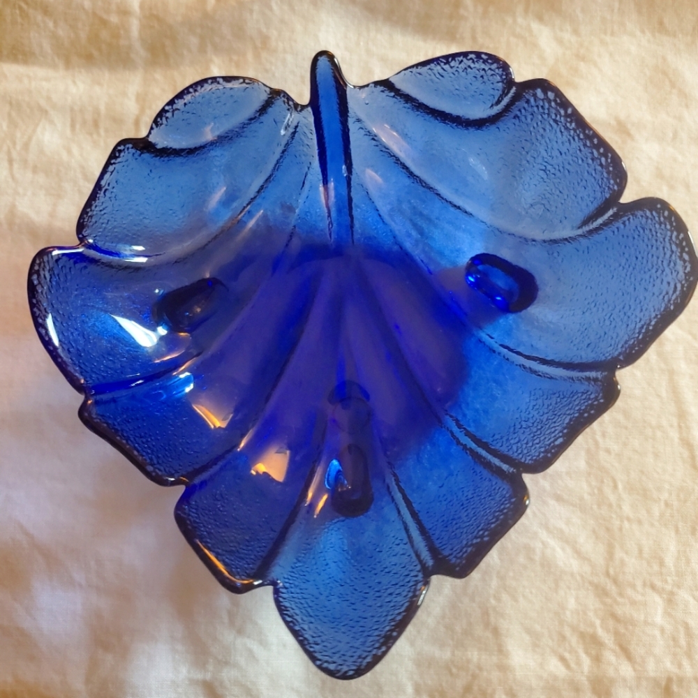 Cobalt Blue Leaf Shaped Bowl Vintage 9"